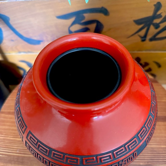 Japanese Flower Vase Red Cinnabar Lacquer Kabin Ikebana Kamakura Bori Ceremony - Picture 4 of 15